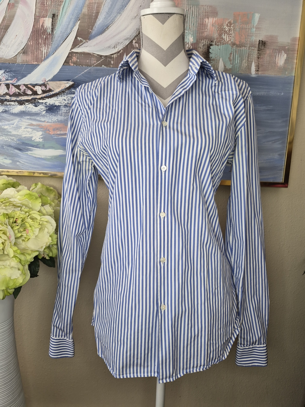 Burberry Blue and White Striped Button-Down Shirt